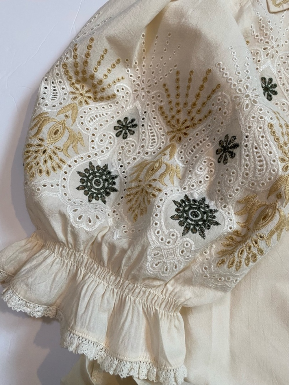 Democracy 1X Cream Colored Embroidered Collared Button-Down Puff Sleeve Blouse - Picture 5 of 10